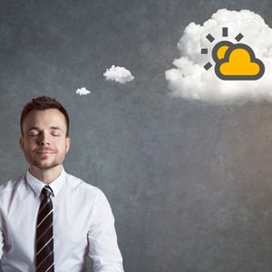 un homme les yeux fermés avec un nuage de pensées avec un soleil restructuration cognitive thérapie cognitive et comportementale tcc